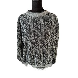 Vintage 80s 90s Chartwell Geometric Sweater Mens XL Black Grey Abstract Knit